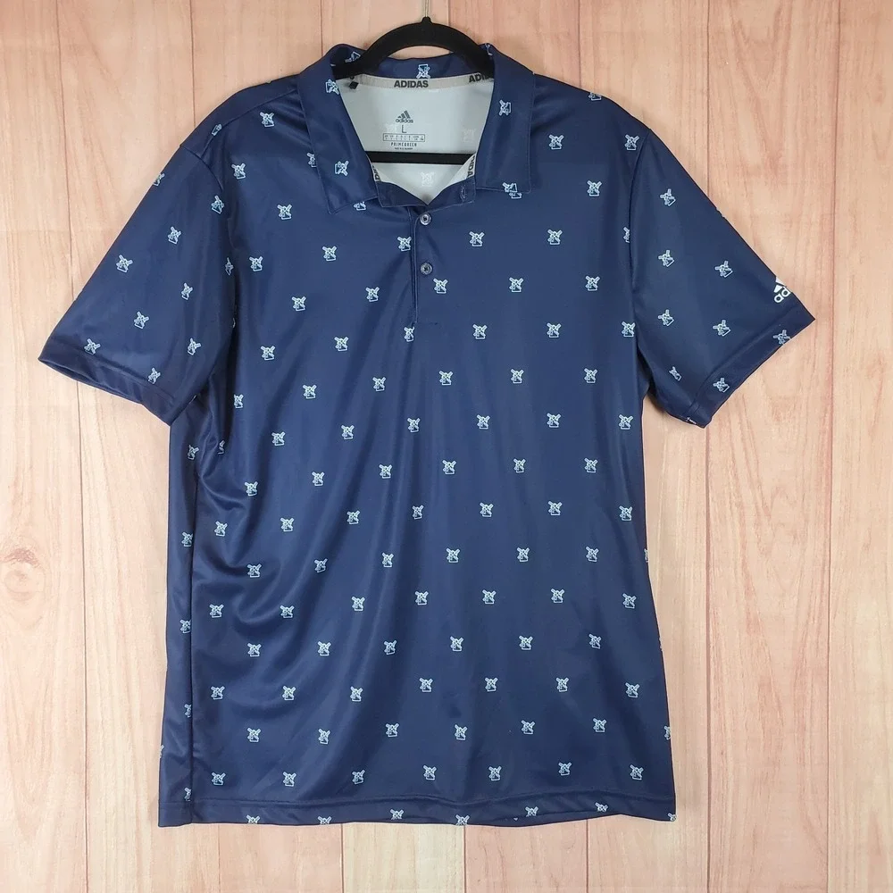 Adidas Polo Shirt Mens Large Navy Blue Logo Windmill Allover Golf
